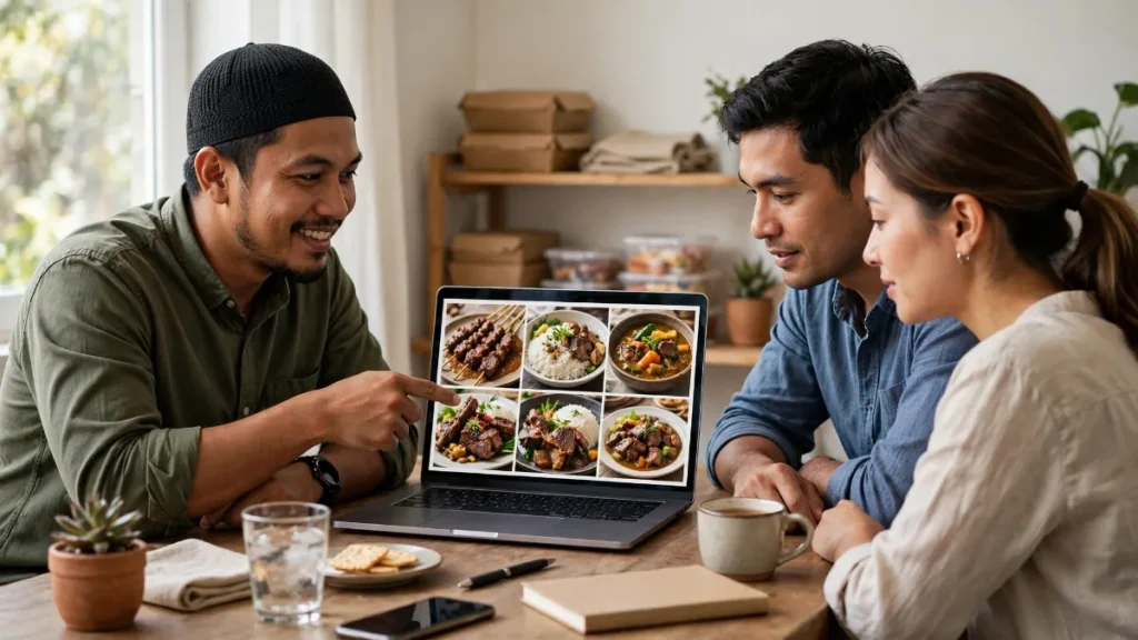 Pemilik usaha aqiqah menunjukkan contoh website aqiqah di laptop kepada pelanggan