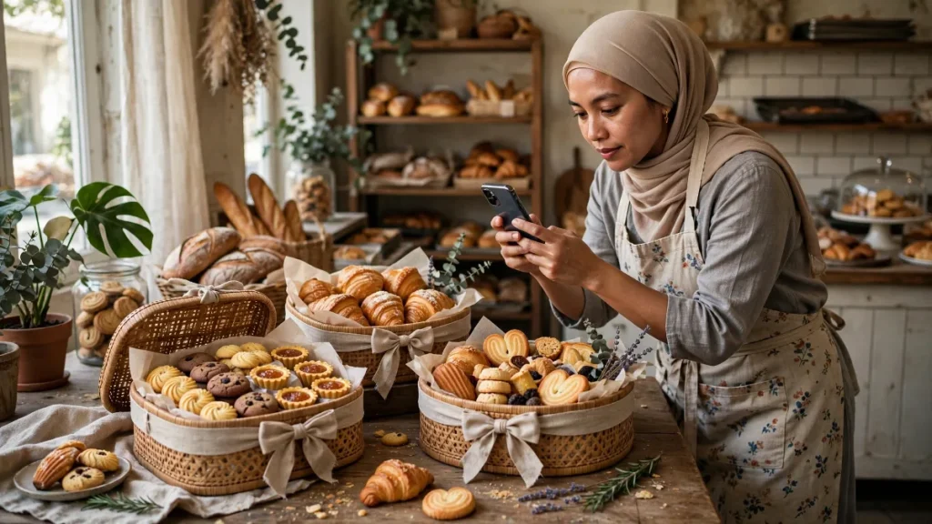 Contoh website bakery dengan foto hampers kue untuk katalog