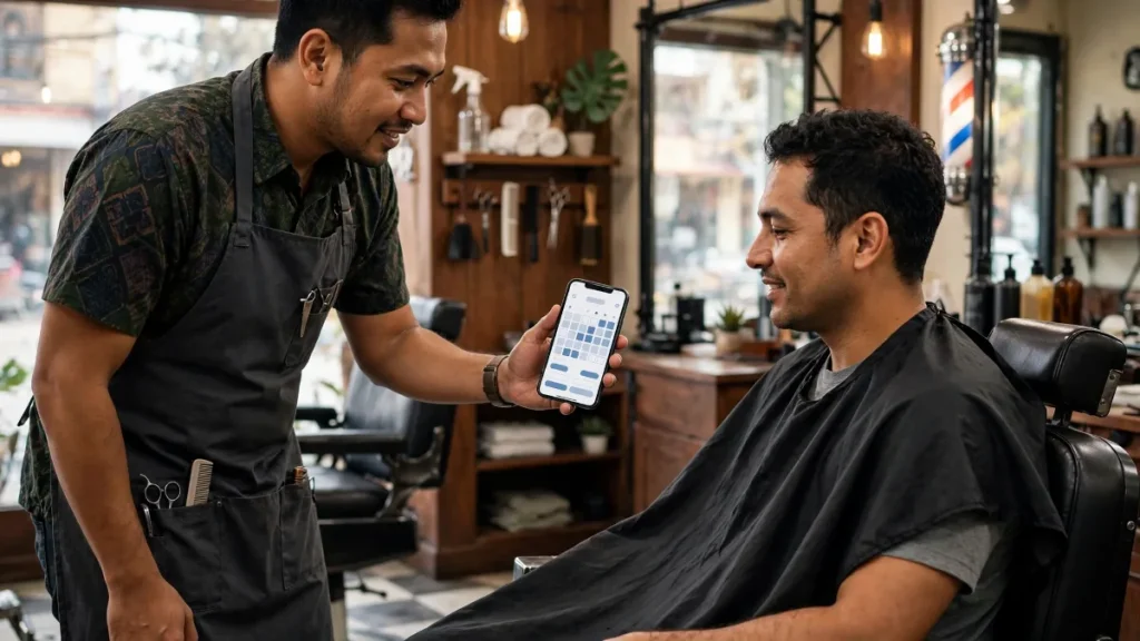 Contoh website barbershop dengan halaman booking ditunjukkan di HP