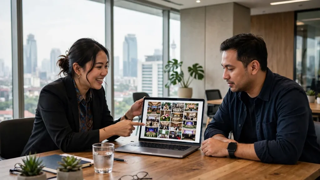 EO mempresentasikan contoh website event organizer kepada klien korporat