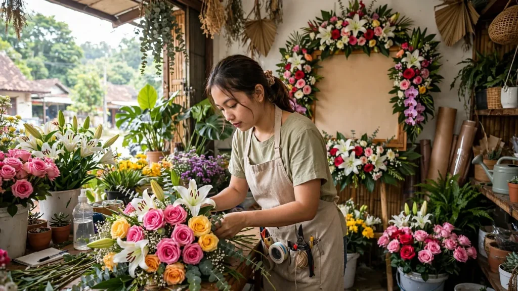 Contoh website florist: pemilik toko bunga merangkai buket di tokonya