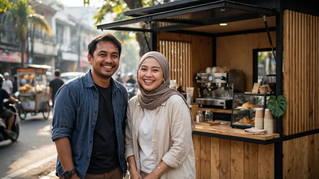 Pasangan mitra di depan outlet dari contoh website franchise makanan