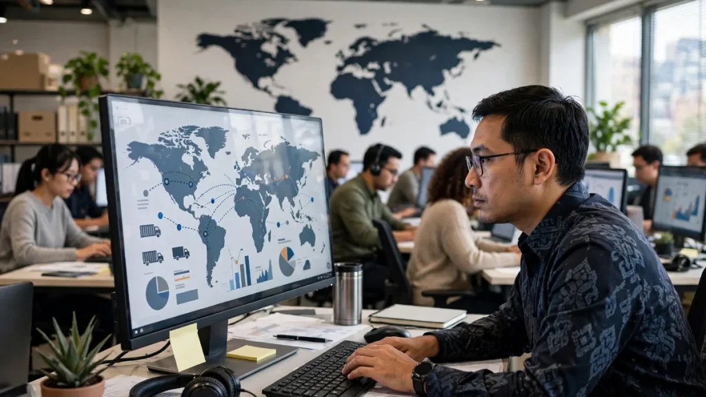 Contoh website freight forwarder ditinjau manajer di kantor logistik