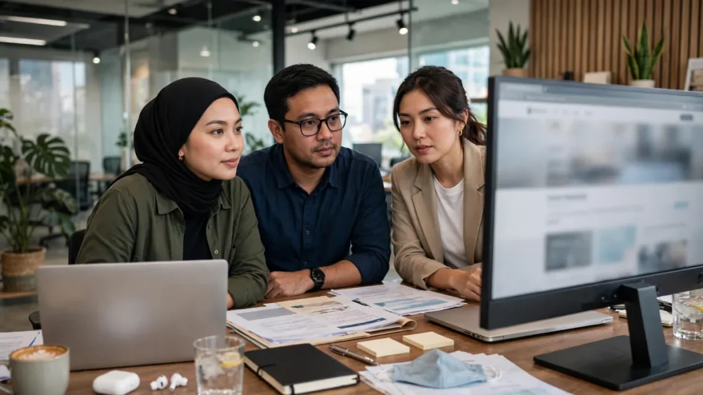 Tim konsultan meninjau contoh website konsultan pajak di monitor