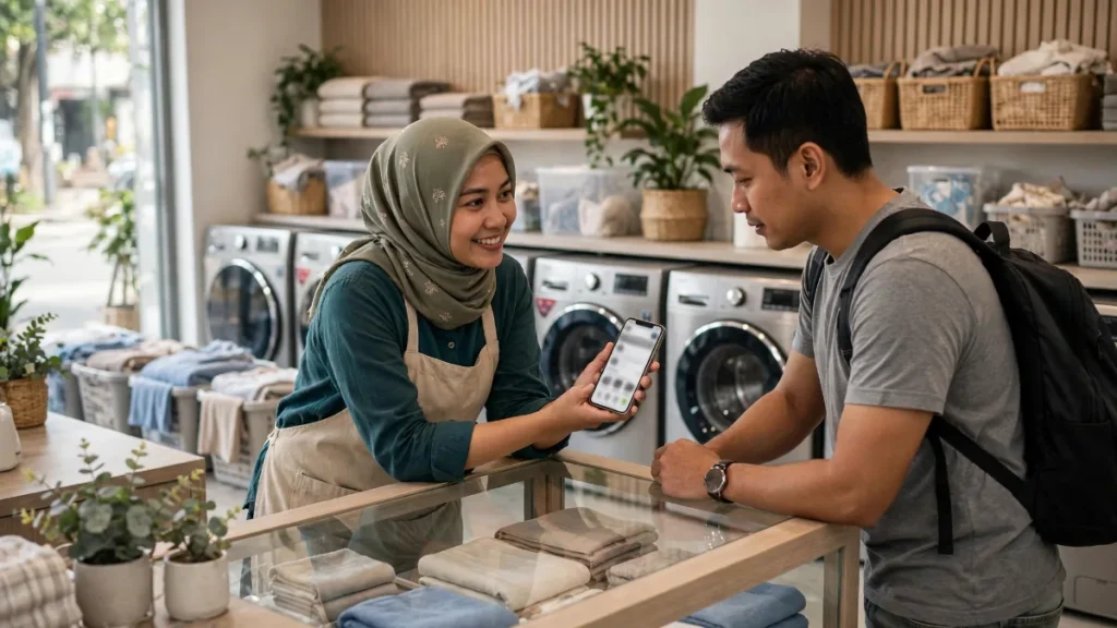 Pemilik laundry menunjukkan contoh website laundry di HP kepada pelanggan