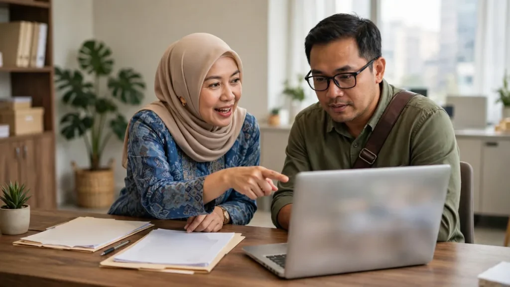 Staf menjelaskan persyaratan dari contoh website notaris kepada klien