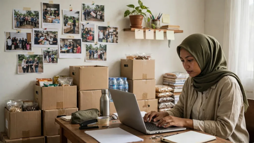 Contoh website organisasi yayasan diperbarui oleh staf di laptop