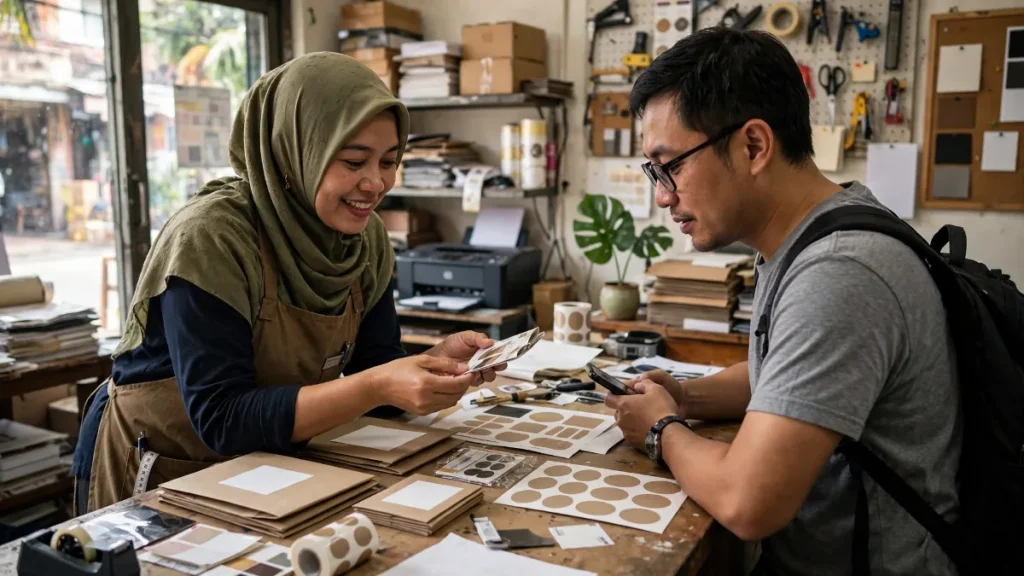 Contoh website percetakan kemasan dengan sampel label untuk UMKM