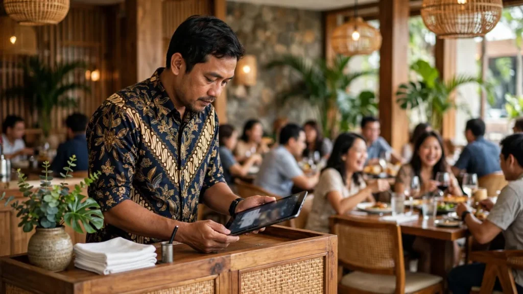 Pemilik restoran memeriksa reservasi di contoh website restoran