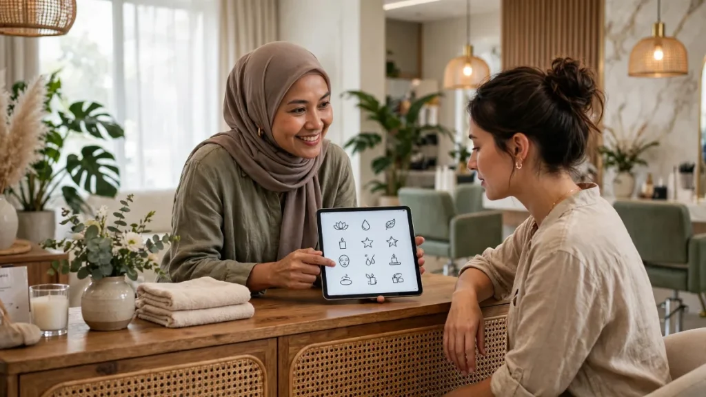 Contoh website salon kecantikan ditunjukkan di tablet kepada pelanggan