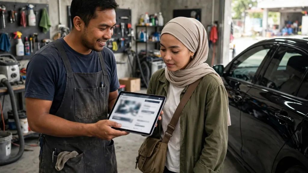 Pemilik salon mobil menunjukkan contoh website salon mobil di tablet