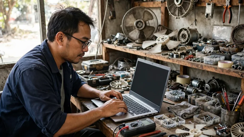 Contoh website teknisi panggilan dibuka di laptop bengkel servis