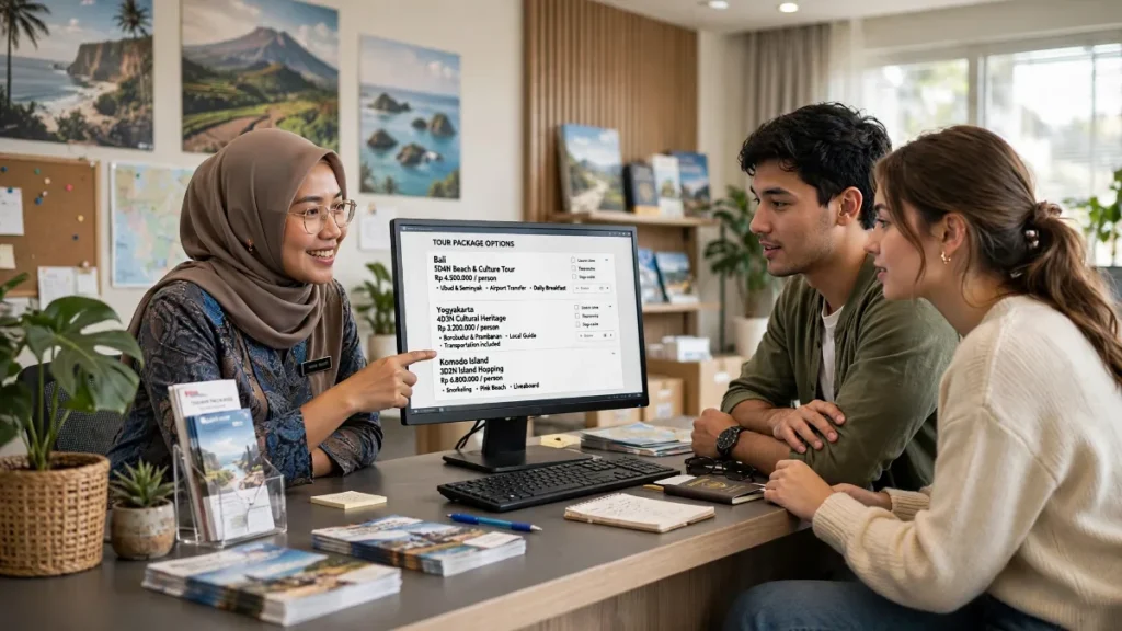 Staf menjelaskan paket dari contoh website tour and travel kepada pasangan