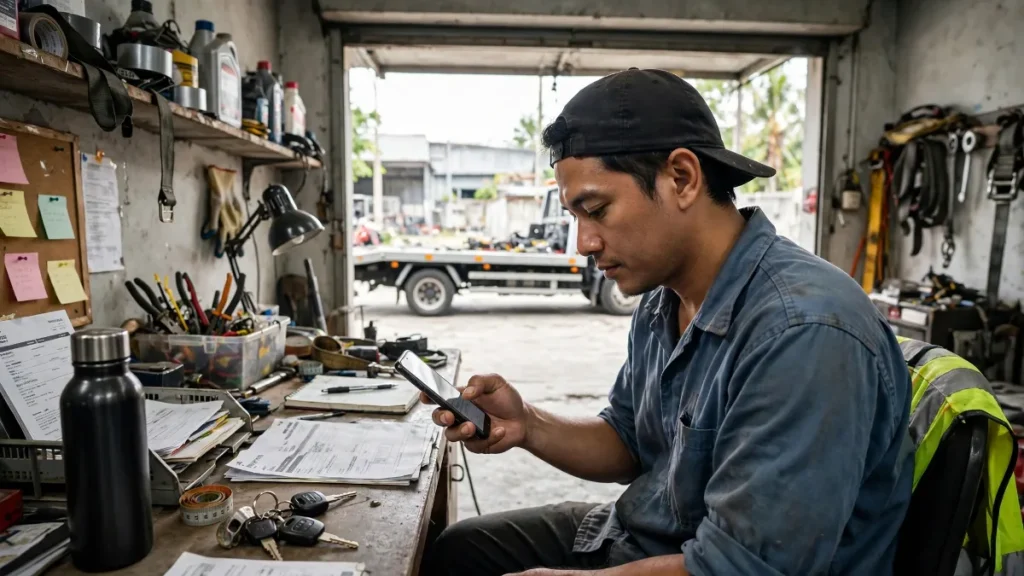 Pemilik usaha derek mengecek contoh website towing di HP