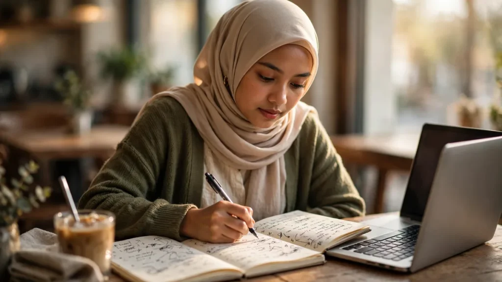 Copywriter menulis copywriting landing page di laptop