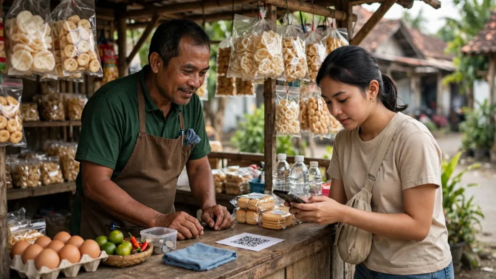 Pemilik warung menerima pembayaran QRIS sebagai bagian digitalisasi UMKM