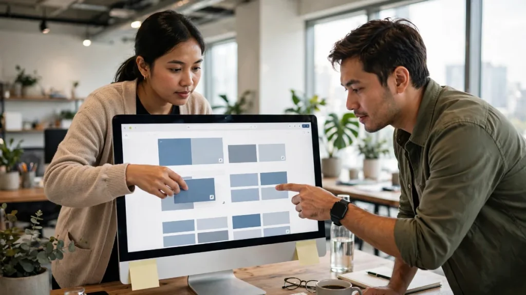 Tim marketing menyusun halaman dengan page builder, perbandingan Elementor vs Gutenberg