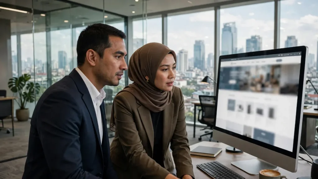 Eksekutif meninjau fitur website perusahaan di monitor kantor