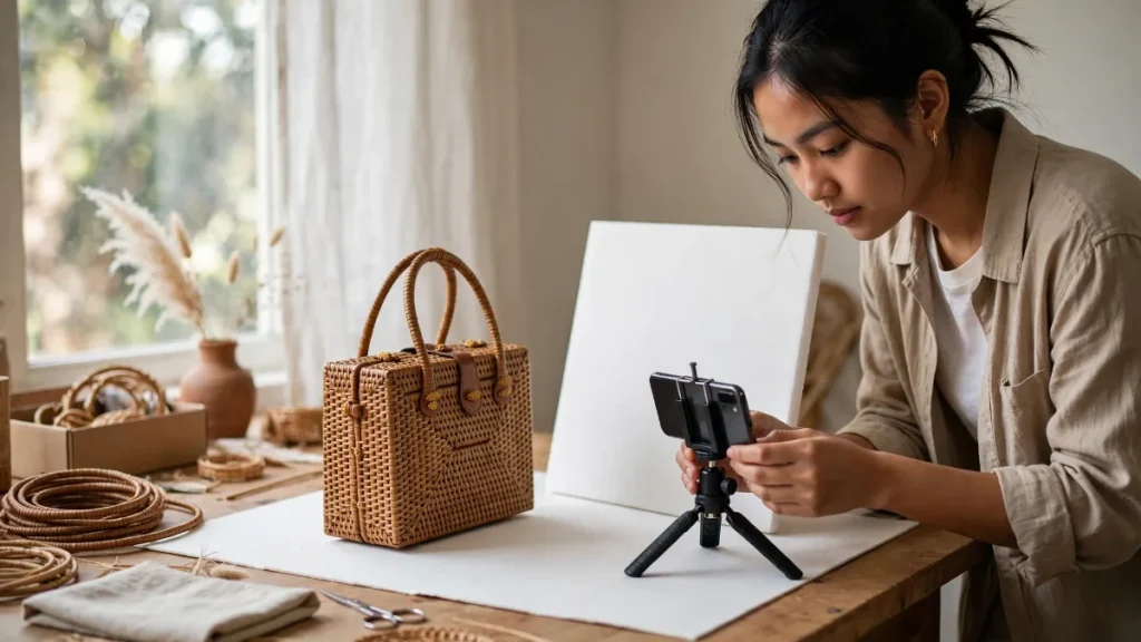Pelaku usaha memotret foto produk tas rotan dengan ponsel dan tripod