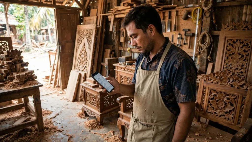 Pemilik workshop mebel di Solo meninjau harga website