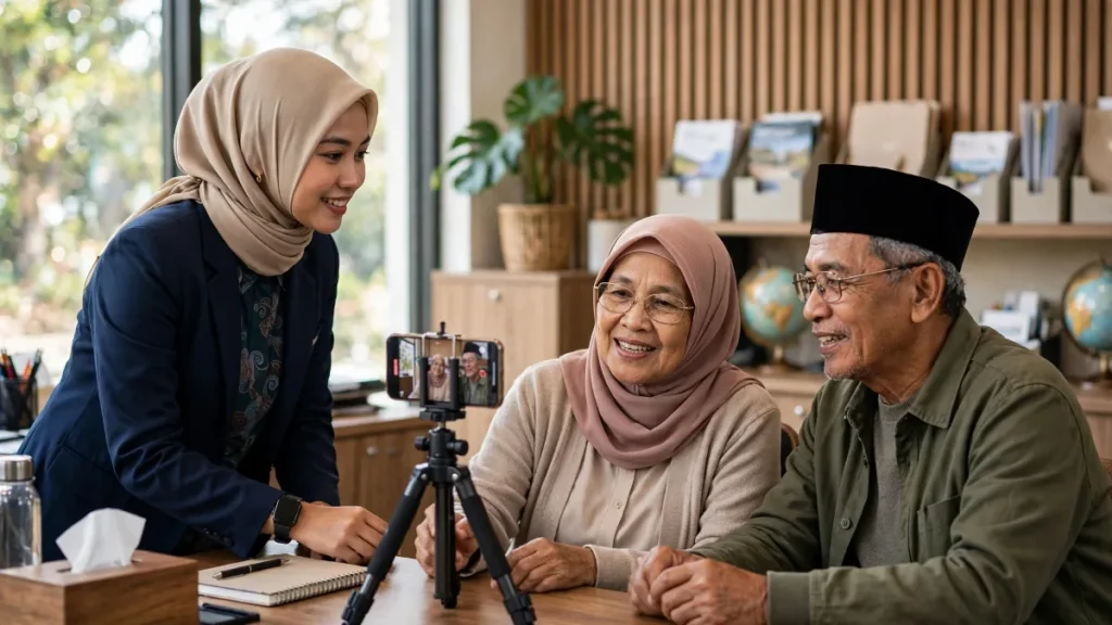 Merekam testimoni jamaah untuk materi iklan travel umroh