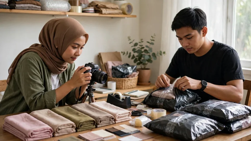 Pasangan pelaku UMKM menyiapkan pesanan jualan online