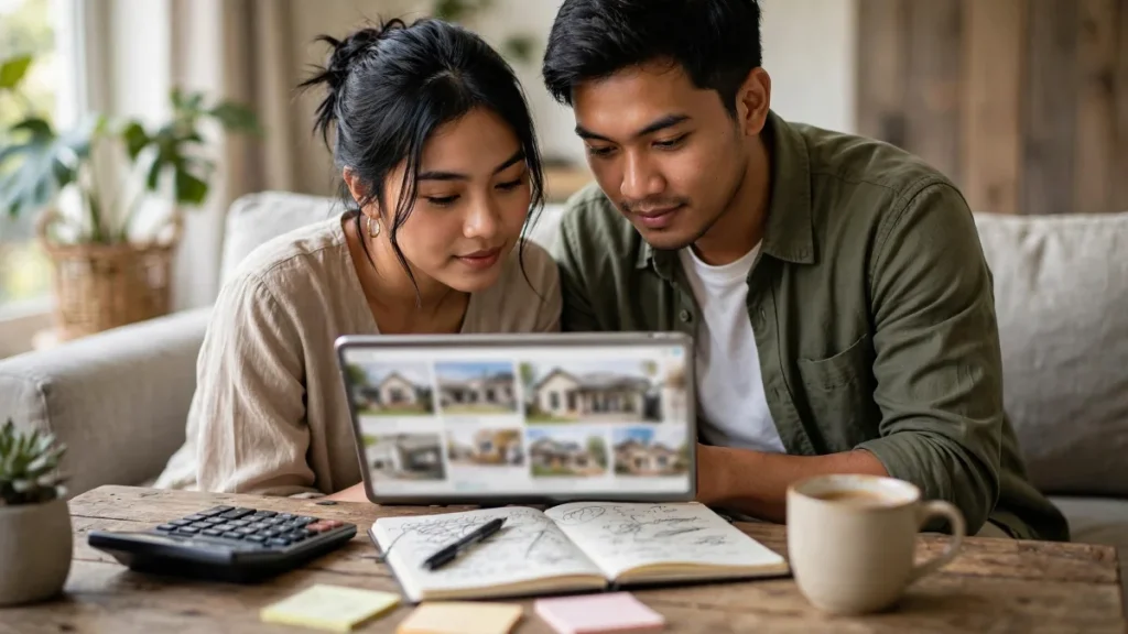 Calon pembeli melihat listing jualan properti online dan simulasi KPR