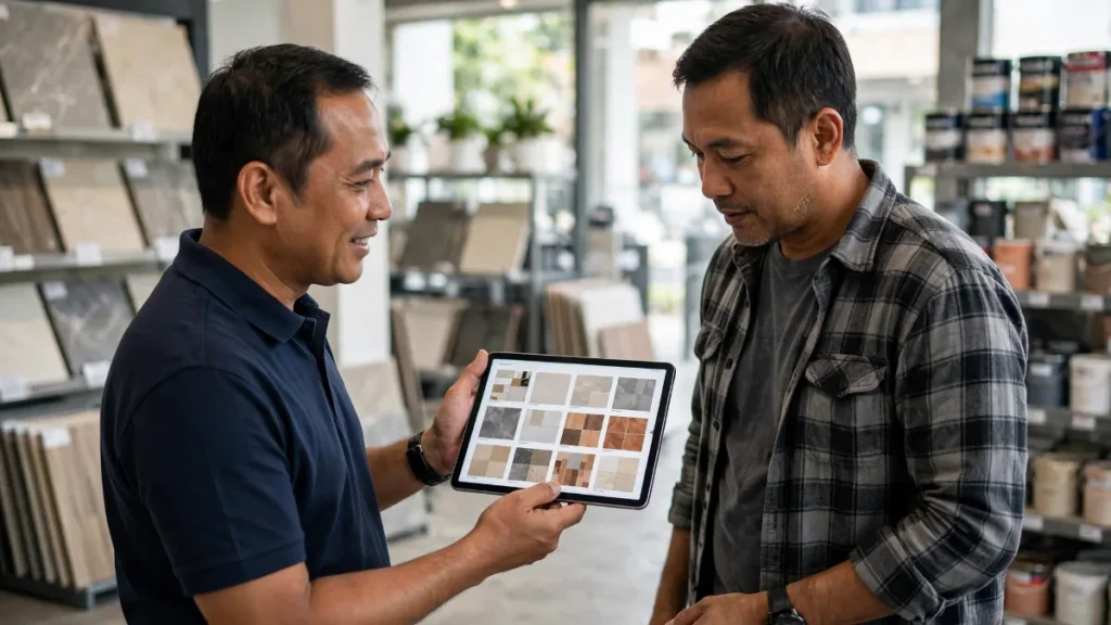 Sales menunjukkan katalog online produk kepada klien di showroom