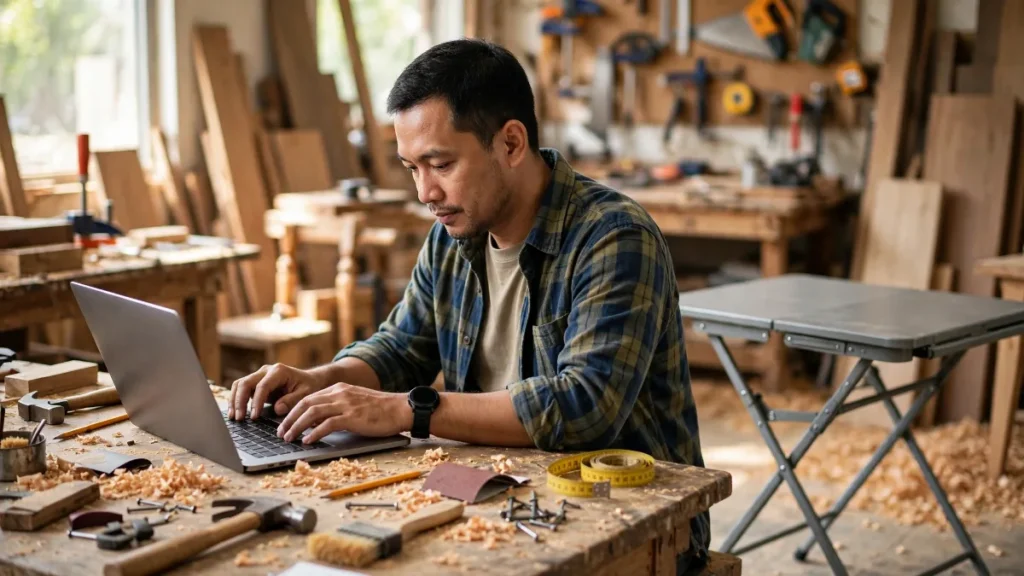 Pemilik usaha furnitur menulis deskripsi produk di laptop