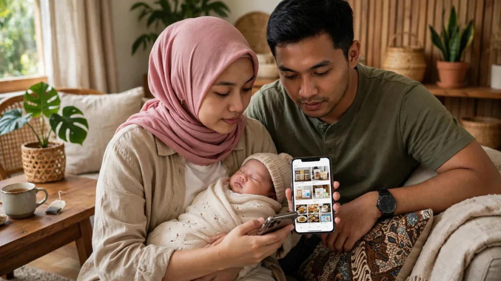 Orang tua bayi melihat paket aqiqah di HP setelah melihat promosi aqiqah