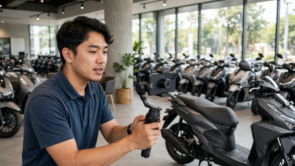 Promosi dealer motor lewat video review unit di showroom