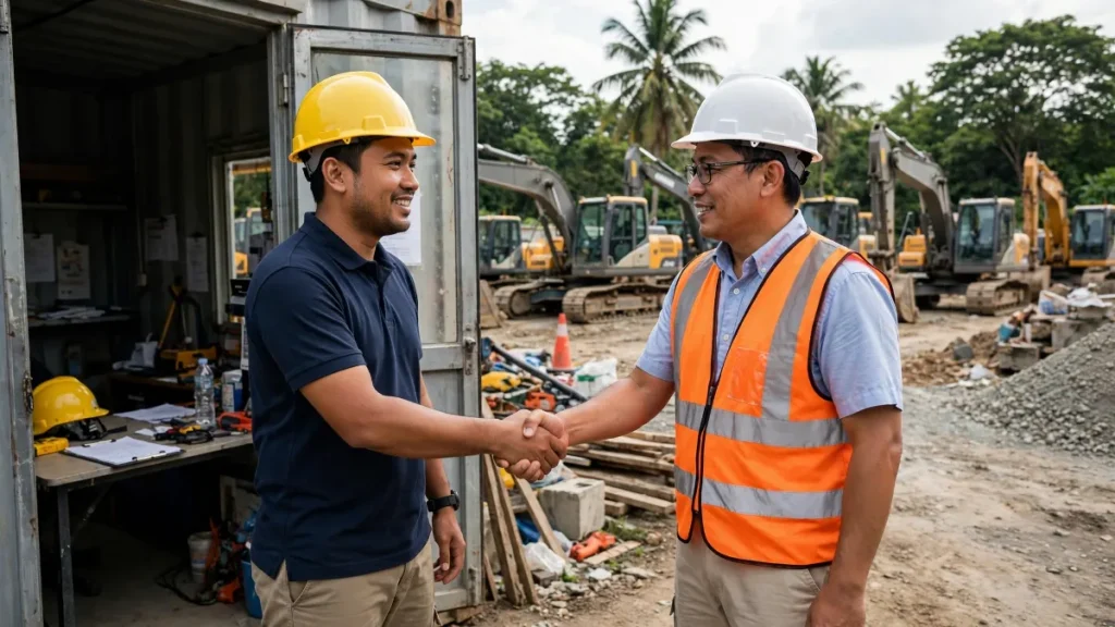 Promosi rental alat berat lewat pertemuan langsung dengan kontraktor