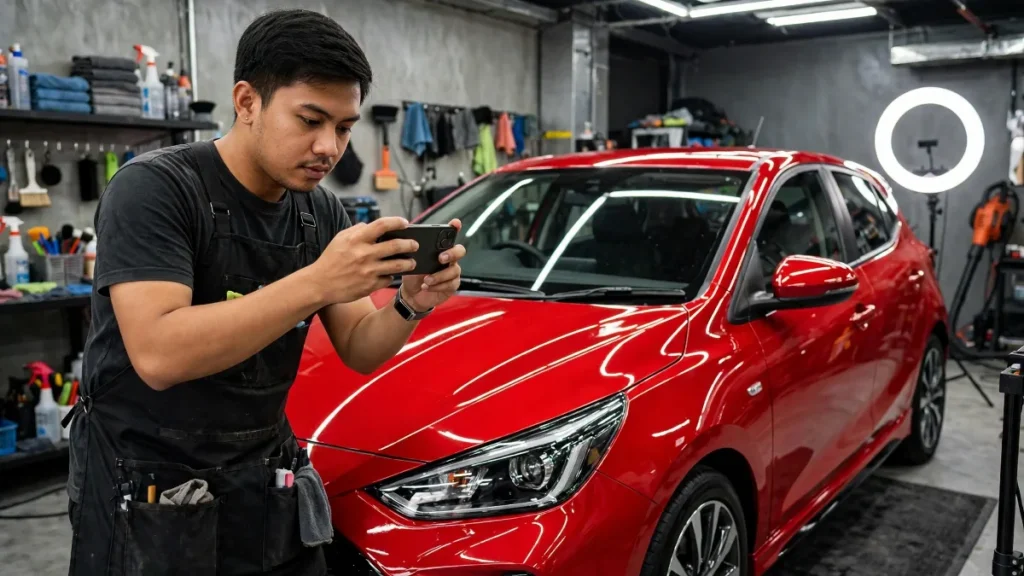 Staf salon mobil merekam video hasil coating untuk promosi salon mobil