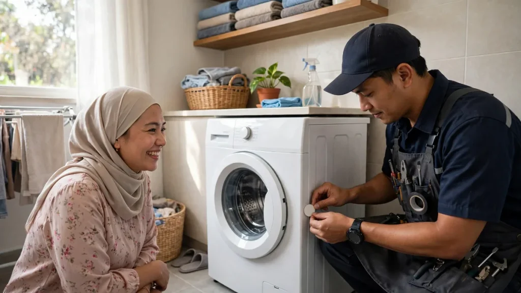 Promosi teknisi dengan stiker kontak di mesin cuci pelanggan