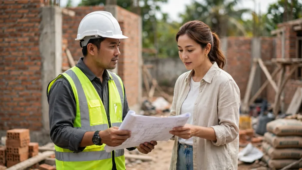 Kontraktor berdiskusi dengan pemilik rumah di lokasi proyek kontraktor