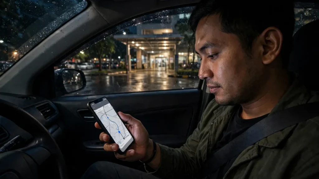 Keluarga pasien mencari rumah sakit di Google Maps lewat HP