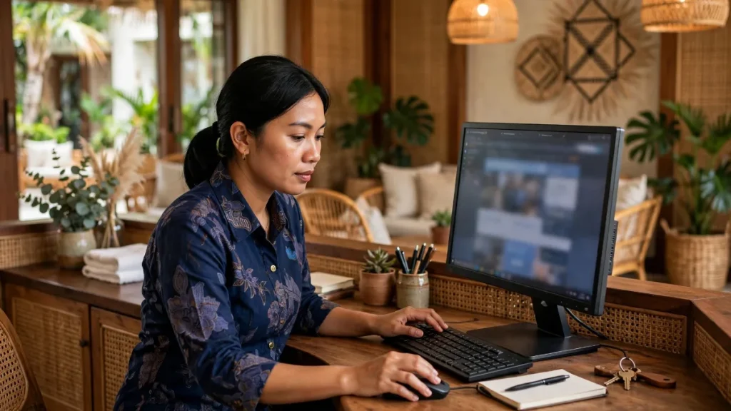 Staf front office memeriksa pemesanan langsung hasil SEO hotel