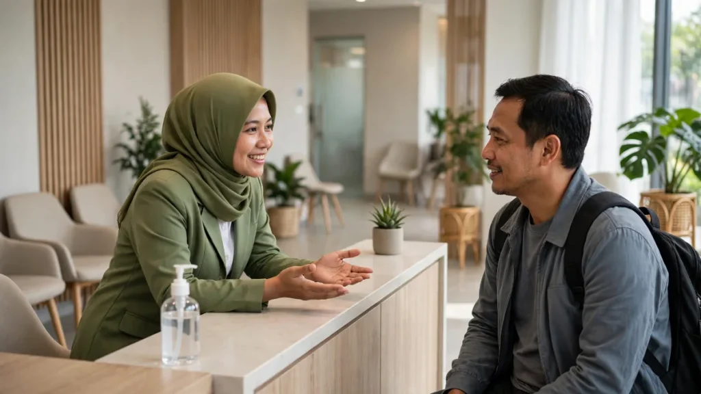 Resepsionis menyambut pasien baru yang datang berkat SEO klinik