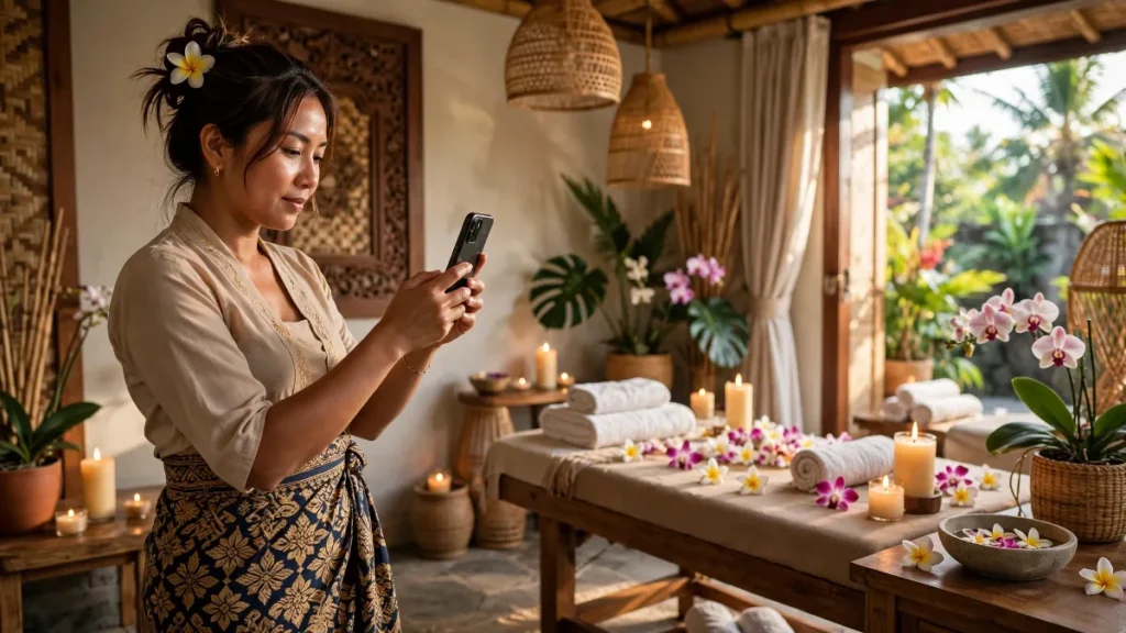 Pemilik spa di Seminyak memotret ruang perawatan, contoh SEO lokal Bali
