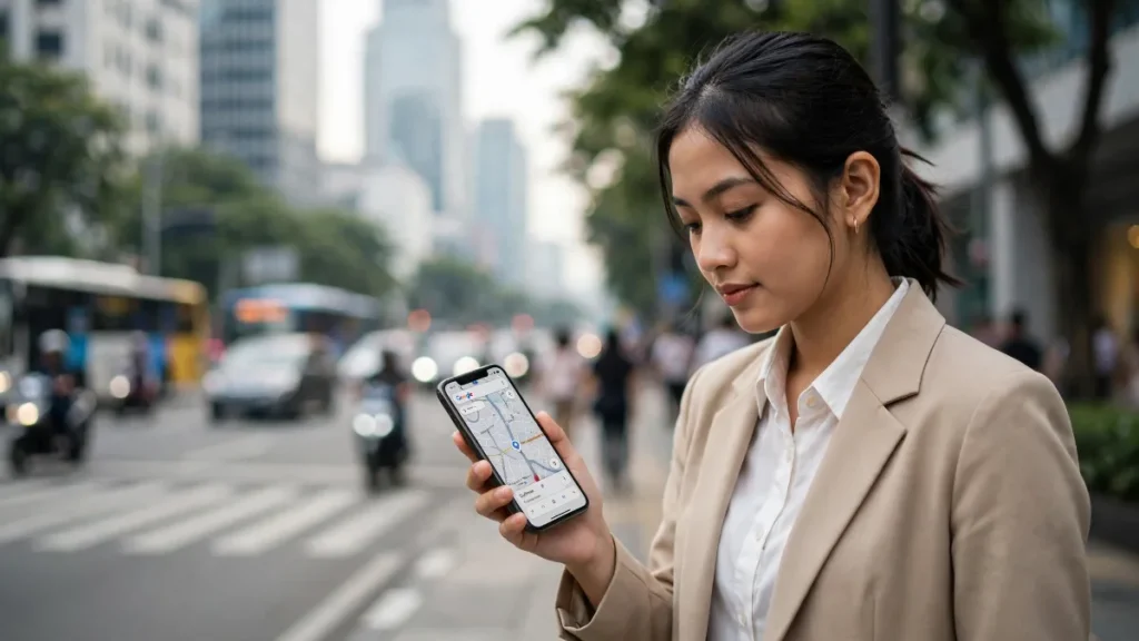 Pekerja kantoran mencari layanan terdekat, contoh SEO lokal Jakarta