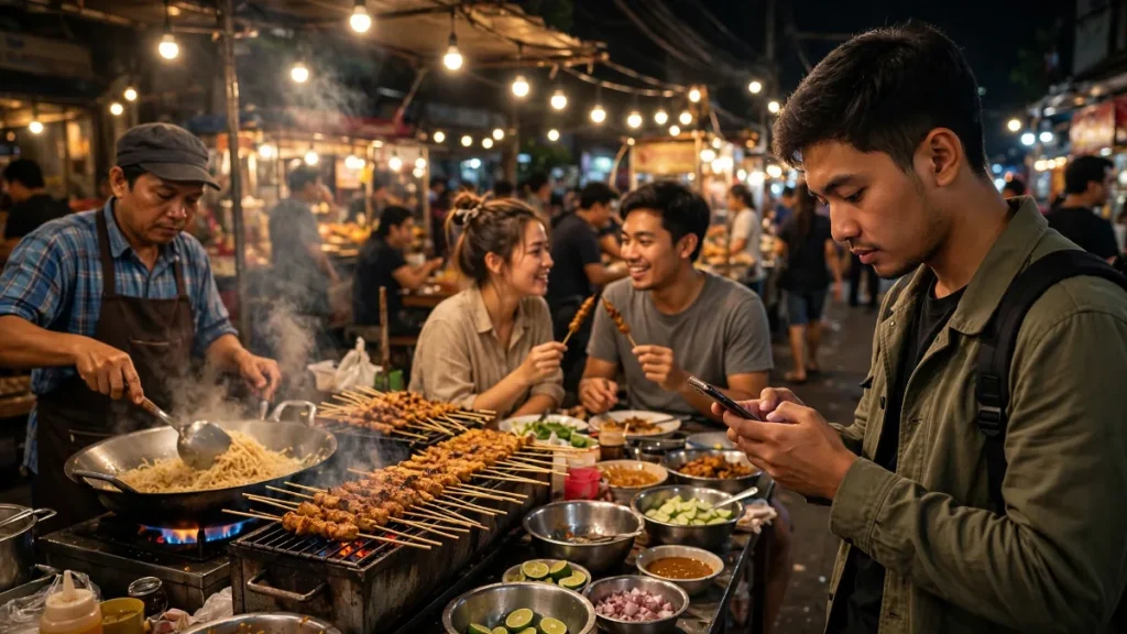 Pengunjung mengecek ulasan di kawasan kuliner malam, contoh SEO lokal Medan