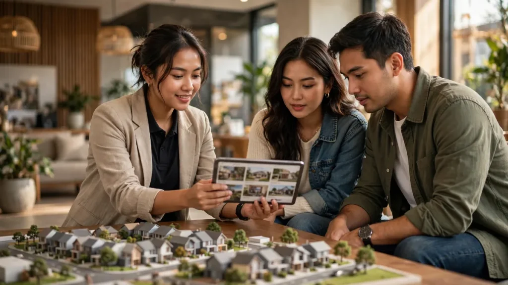 Staf marketing menunjukkan situs proyek hasil SEO properti kepada calon pembeli