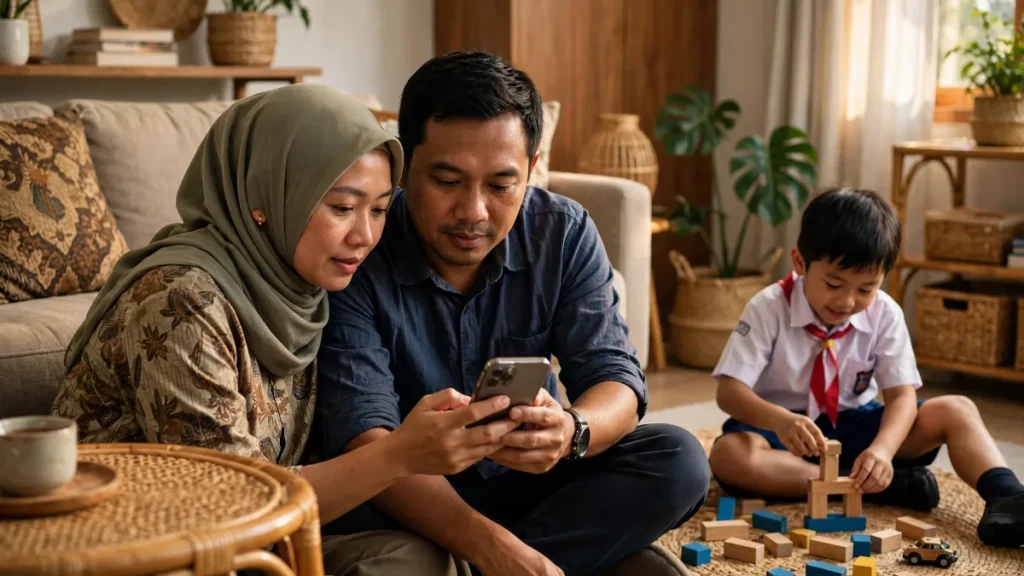 Orang tua mencari sekolah di HP berkat SEO sekolah