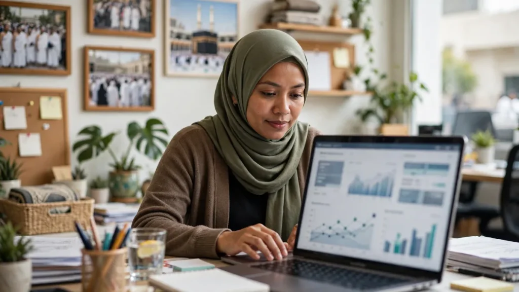 Staf biro umroh memantau hasil SEO travel umroh di laptop