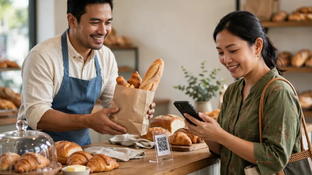 Pelanggan memindai QR code untuk menulis ulasan Google