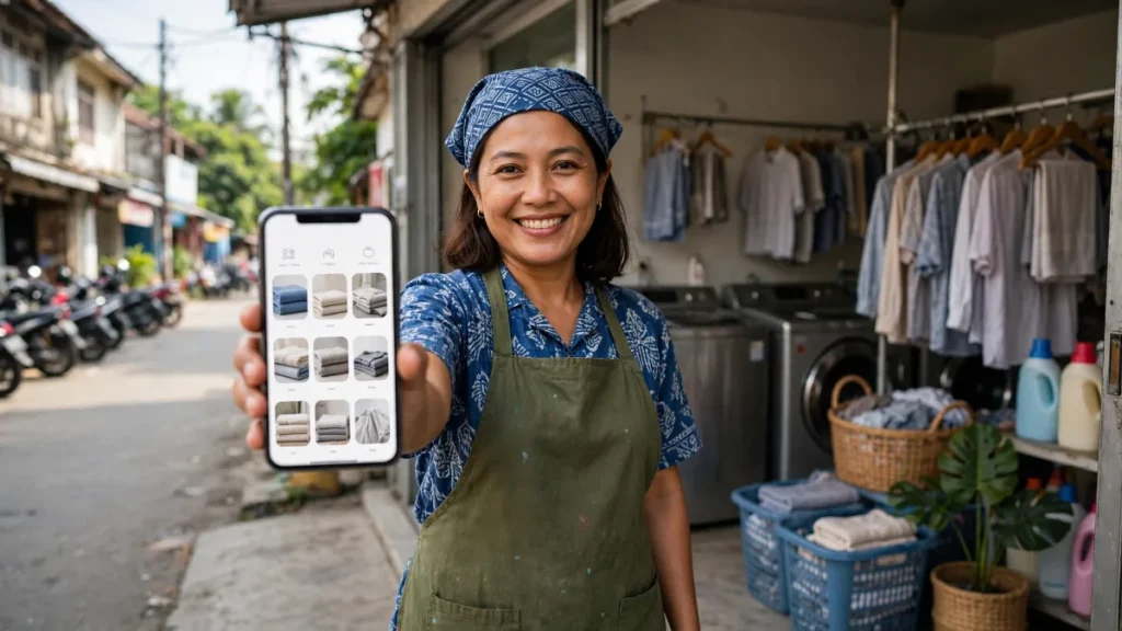 Pemilik laundry menunjukkan website 1 juta miliknya di HP