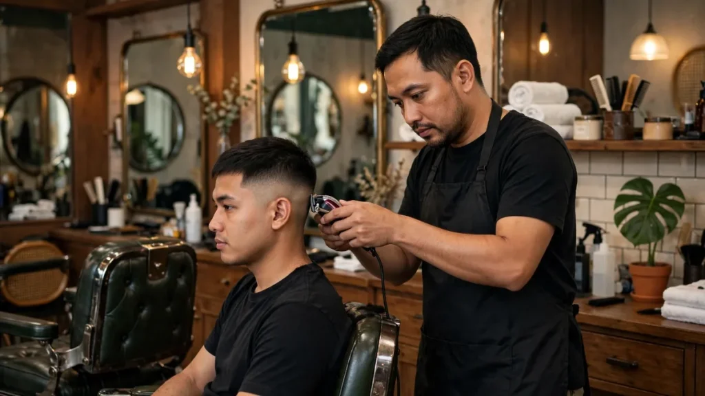 Website barbershop dengan kapster memotong rambut model skin fade