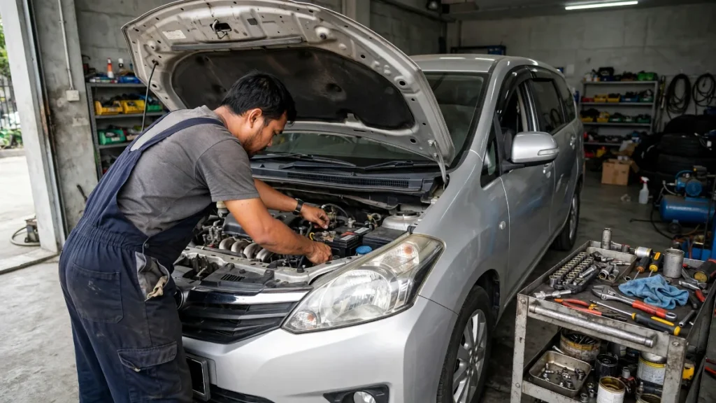 Website bengkel mobil dengan mekanik memeriksa mesin MPV