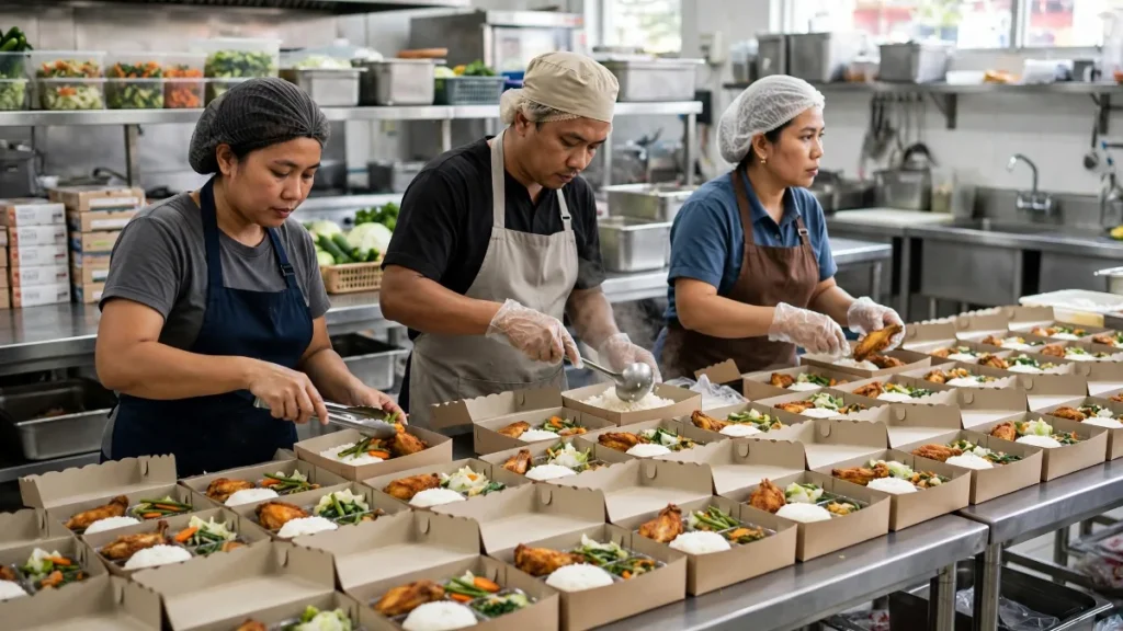 Website catering dengan staf dapur mengemas nasi box