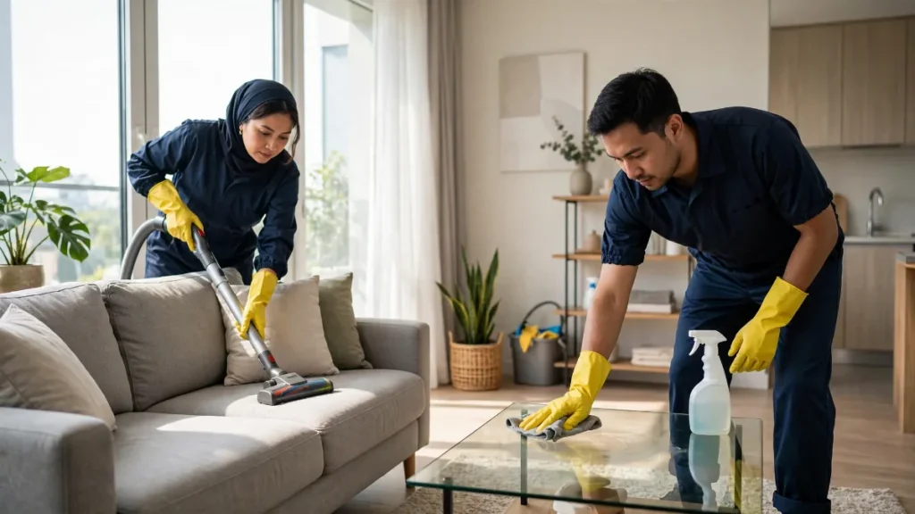 Petugas cleaning service membersihkan ruang tamu apartemen
